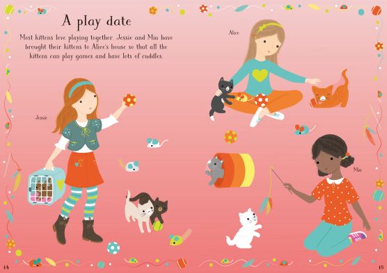 Pink illustrated book spread showing three girls and several kittens playing with cat toys and a carrier.