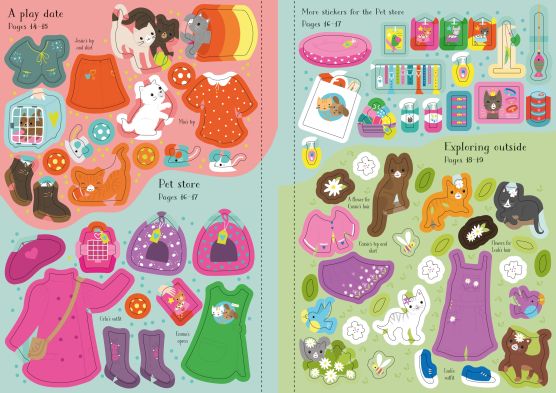 Vibrant sticker sheet featuring kittens, puppies, doll clothes, and pet accessories in pink, green, and blue.