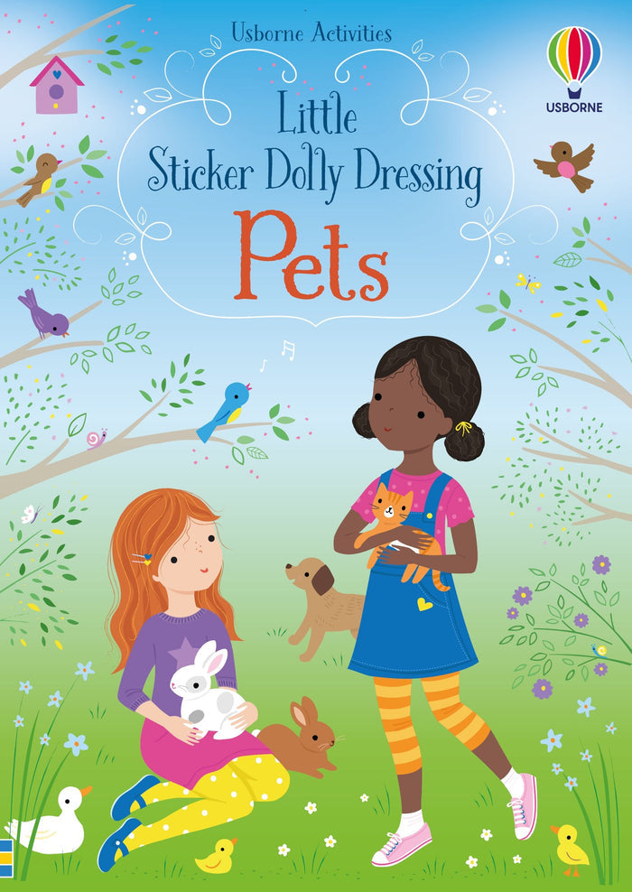 Illustrated book cover of two girls playing with pets in a bright park with birds, ducks, and flowers.