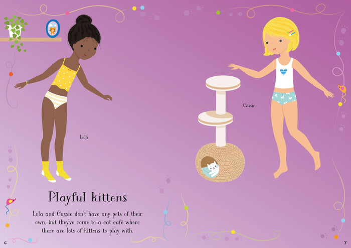 Two illustrated girls, Lola and Cassie, in underwear next to a cat tree on a purple sticker book page.
