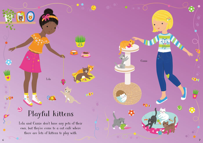 Colorful illustration of two girls playing with kittens at a cat café on a bright purple background.