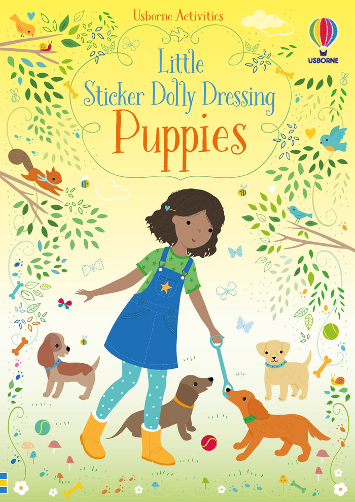 Yellow book cover of a girl in blue overalls walking four puppies in a park with trees, birds, and dog toys.