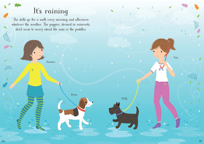 Illustration of two girls walking their dogs through blue puddles on a rainy day, featuring soft pastel colors.