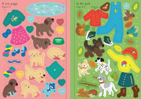 Bright sticker book pages with various puppies, doll clothes, and dog accessories on pink and green backgrounds.