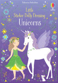 Purple sticker book cover featuring a girl in a green dress and a white winged unicorn with a purple mane and flowers.