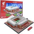 Red and white 3D stadium model with white roof trusses and green pitch, shown next to its red L.F.C. branded box.