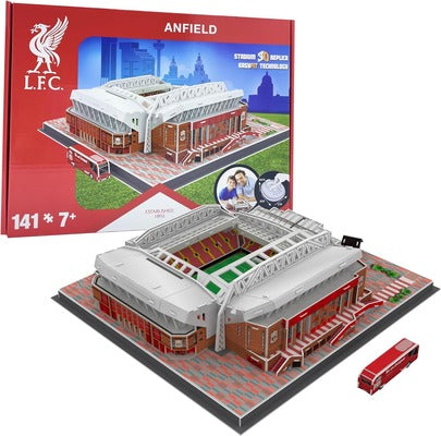 Red and white 3D stadium model with white roof trusses and green pitch, shown next to its red L.F.C. branded box.