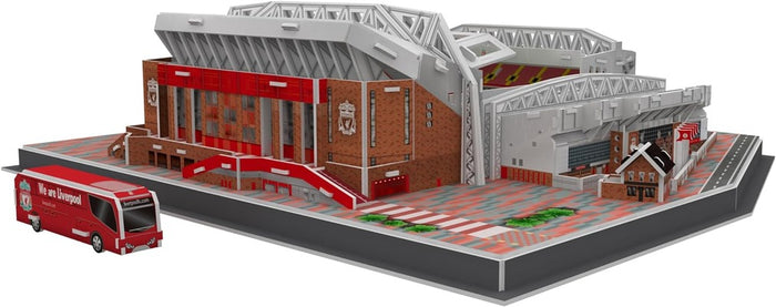 Detailed 3D replica of Anfield Stadium with red brick walls, white roof structure, and a miniature red team bus.
