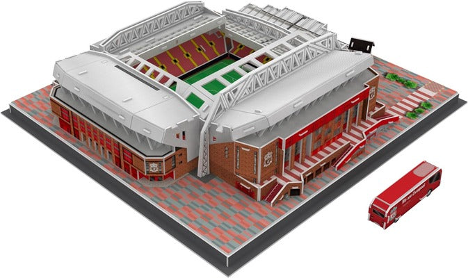 Detailed 3D stadium model with red stands, white roofs, green pitch, and a red team bus on a grey and red base.