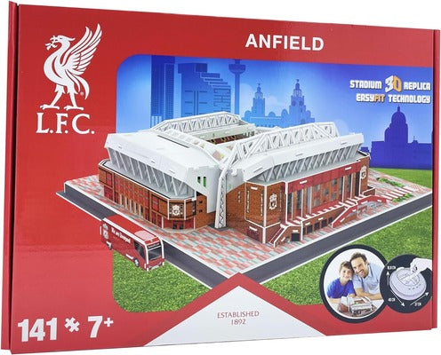 Red box for an Anfield stadium 3D puzzle model featuring the L.F.C. logo, 141 pieces, and a red team bus.