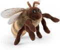 Fuzzy plush bee with a brown head, striped yellow body, large black eyes, and detailed veined wings.