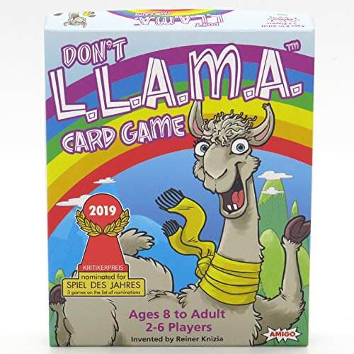 Box for Don't L.L.A.M.A. card game featuring a goofy llama with a yellow scarf against a vibrant rainbow background.