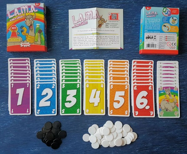 LAMA card game box, instructions, colorful numbered cards 1 to 6, llama character cards, and black and white chips.