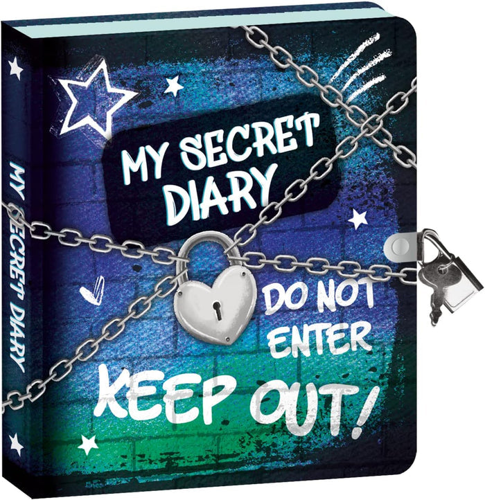 Blue and green brick-patterned diary with silver chains, a heart lock, and KEEP OUT text. Side latch with keys.