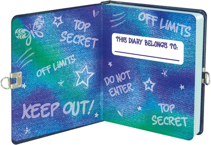 Open blue and green diary with Top Secret and Keep Out text, butterfly and star icons, and silver metal side locks.
