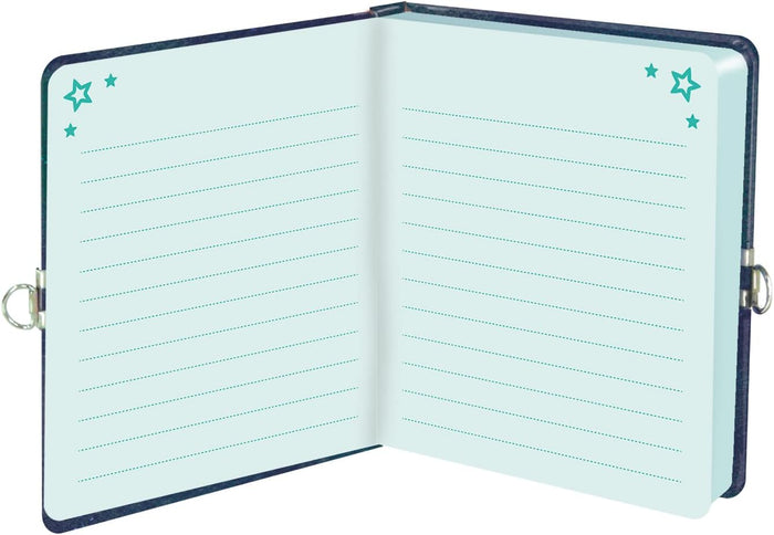 Open diary with light blue lined pages, teal star icons, and silver metal lock loops on a dark blue cover.