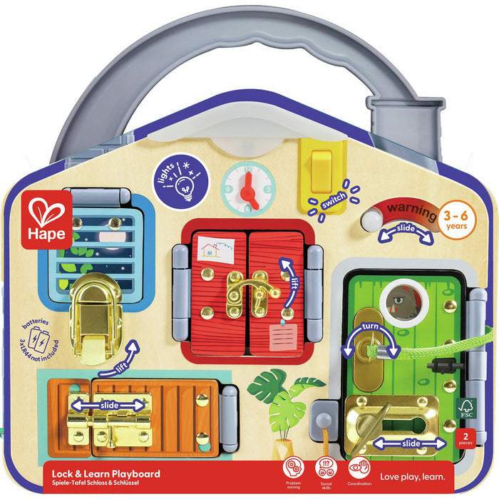 Hape house-shaped wooden activity board with colorful doors, various metal locks, a clock, and a yellow light switch.