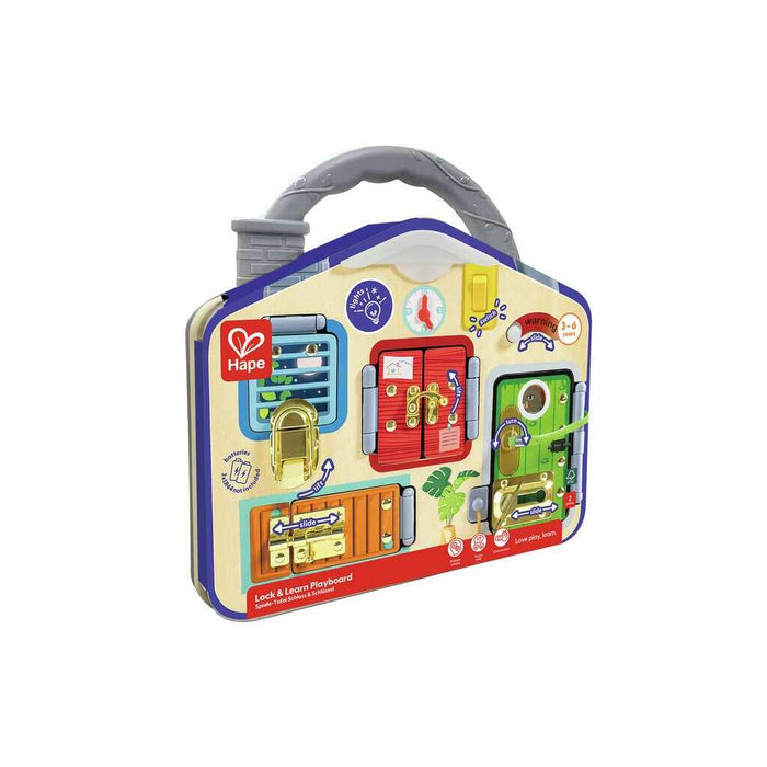 House-shaped busy board with handle, featuring colorful doors, metal latches, and interactive switches.