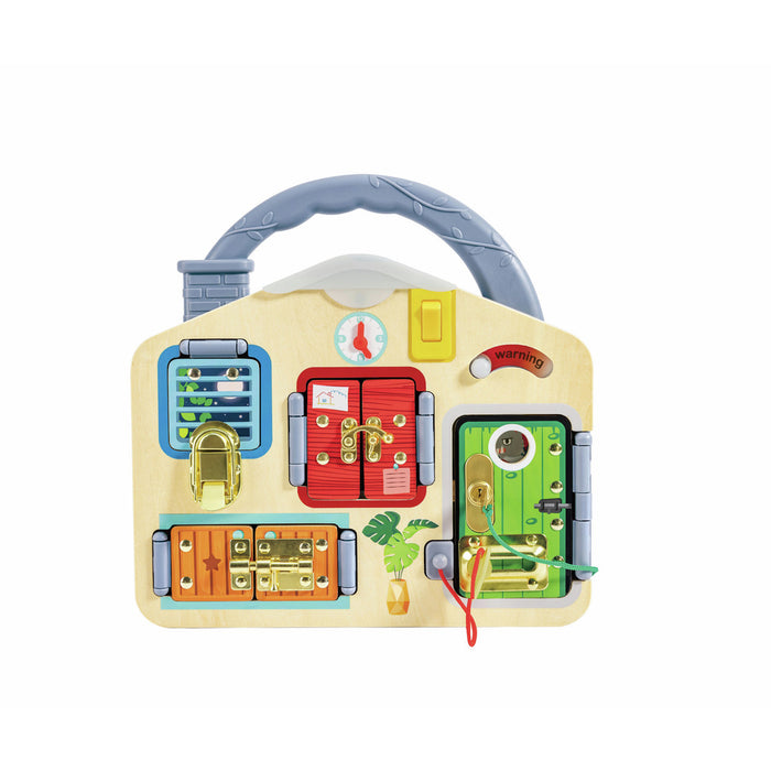 House-shaped wooden activity board with colorful doors, various metal locks, a clock, and a blue carrying handle.