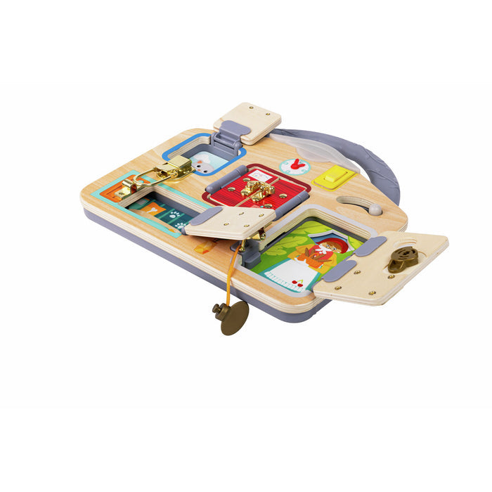 Wooden busy board with brass latches, colorful illustrated doors, a yellow light switch, and a grey handle.