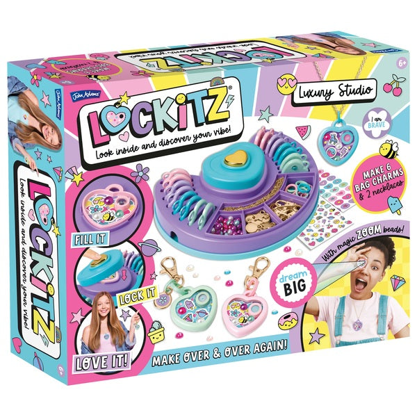 Pink Lockitz Luxury Studio kit box featuring a heart-shaped jewelry station, colorful beads, and custom charm lockets.