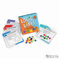 Orange box for Logic Links game with white cards and small, colorful round plastic tokens on a white background.
