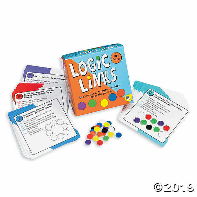 Orange box for Logic Links game with white cards and small, colorful round plastic tokens on a white background.