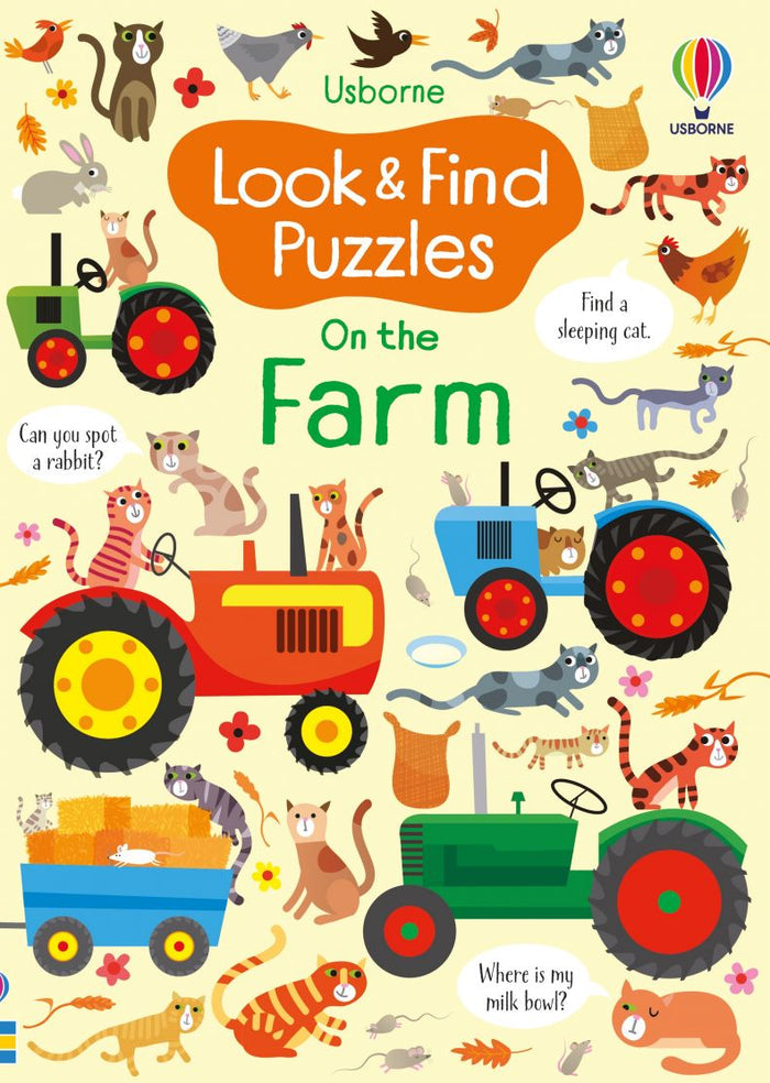 Colorful children's book cover featuring cartoon cats on red, green, and blue tractors in a playful farm scene.