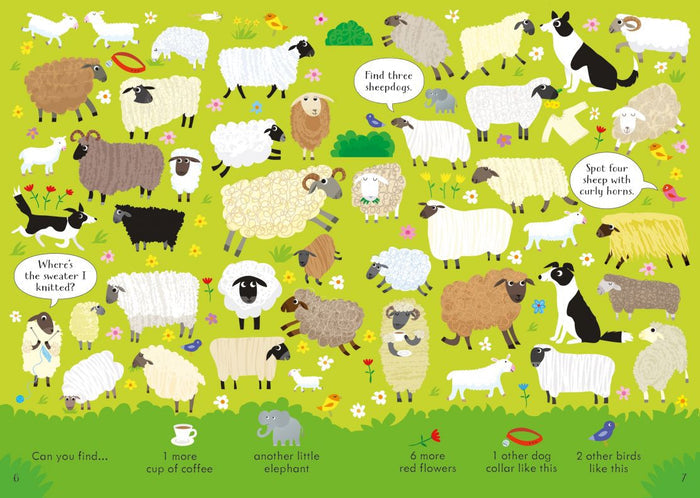 Whimsical seek-and-find puzzle page with cartoon sheep, dogs, and hidden items across a bright green meadow.