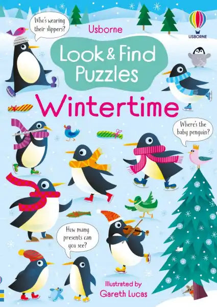 Colorful children's book cover featuring cartoon penguins skating and playing in a snowy scene with a Christmas tree.