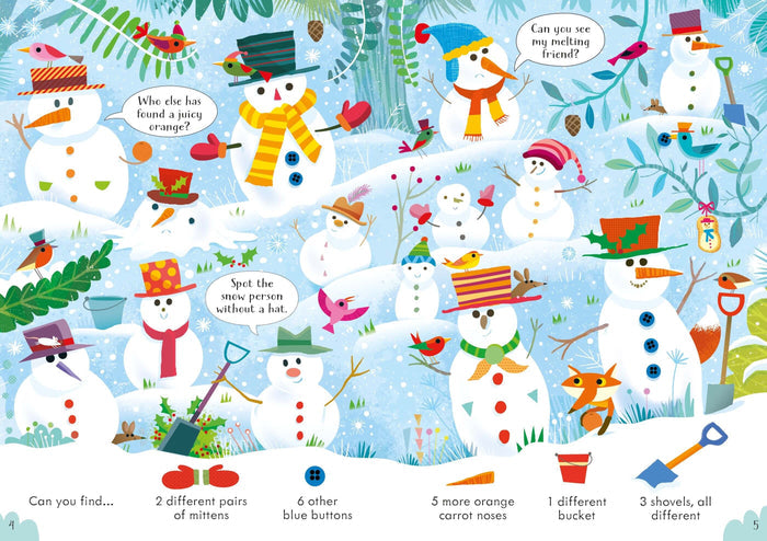 Whimsical winter illustration with snowmen, animals, and search-and-find prompts at the bottom of the page.