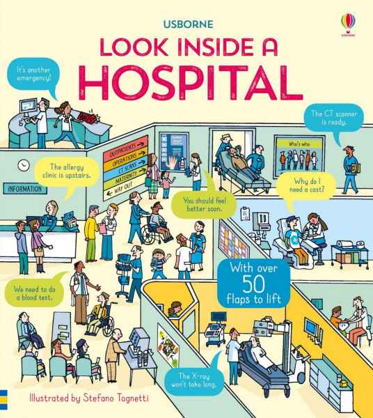 Colorful book cover showing a cartoon cross-section of a busy hospital interior with characters and lift-the-flap details.
