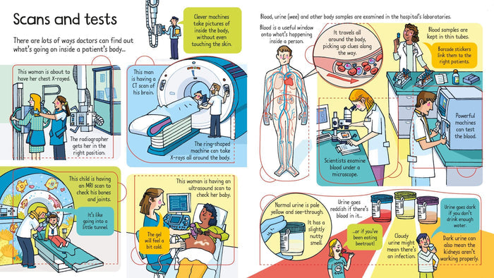Colorful illustrated children's book spread showing hospital scans, lab technicians, and medical tests with captions.