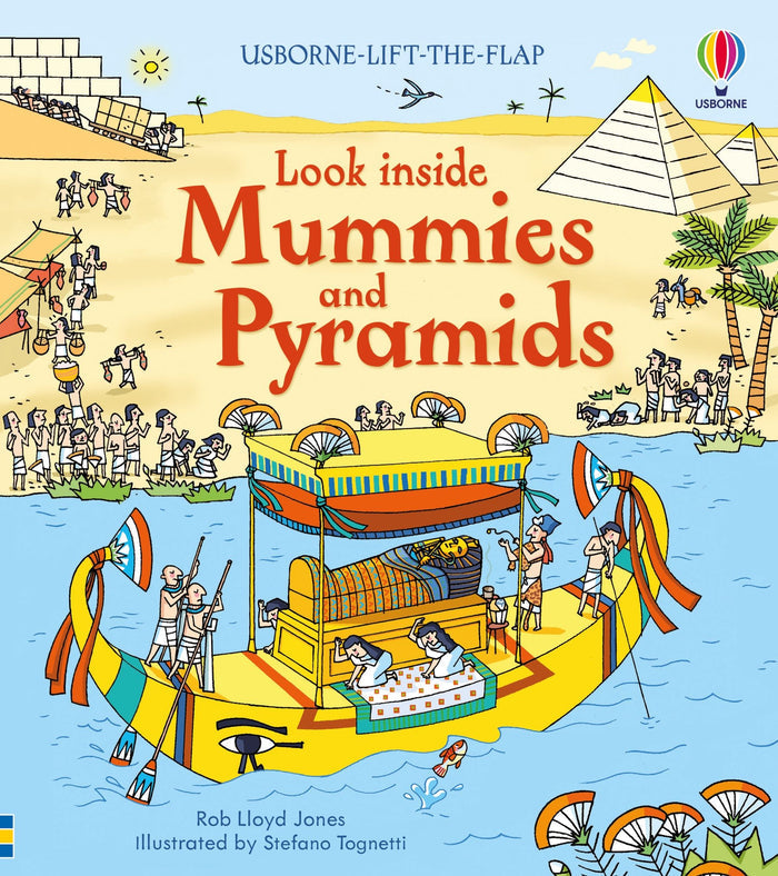 Colorful cartoon book cover featuring an Egyptian barge on the Nile with pyramids in a desert landscape.