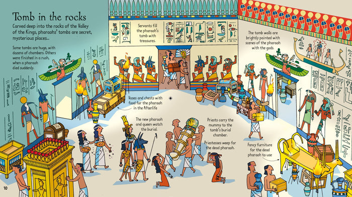 Vibrant illustration of an ancient Egyptian tomb burial with a mummy, priests, treasures, and hieroglyphic wall art.