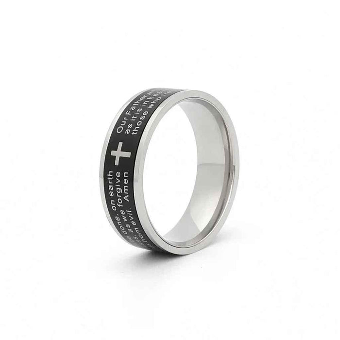 Stainless steel spinner band ring with Lord's Prayer engraving by Glitters, featuring a smooth, polished finish.