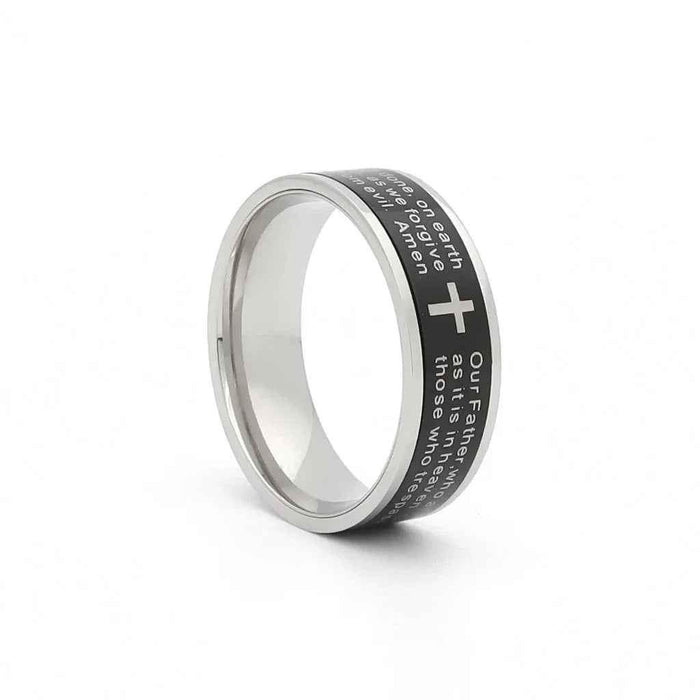 Stainless steel spinner band ring featuring the Lord's Prayer engraved, by Glitters, with a sleek, polished finish.