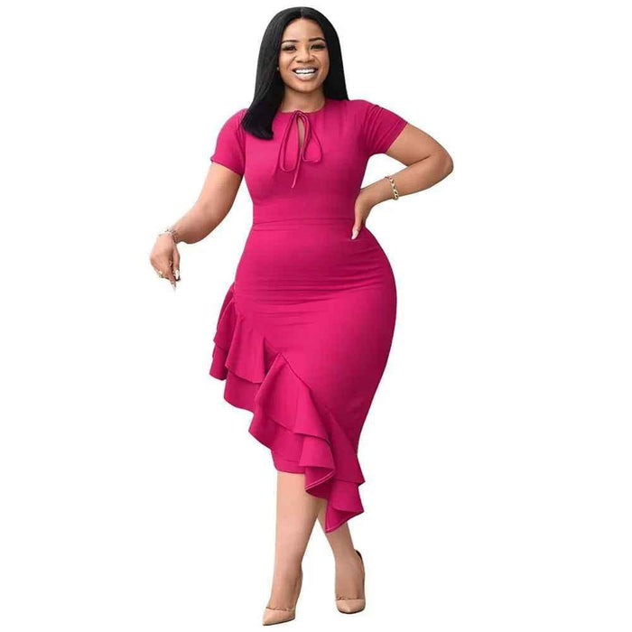 Red casual chic dress by Stylish 3Sixty5 featuring a lotus leaf tie detail, perfect for stylish daytime wear.