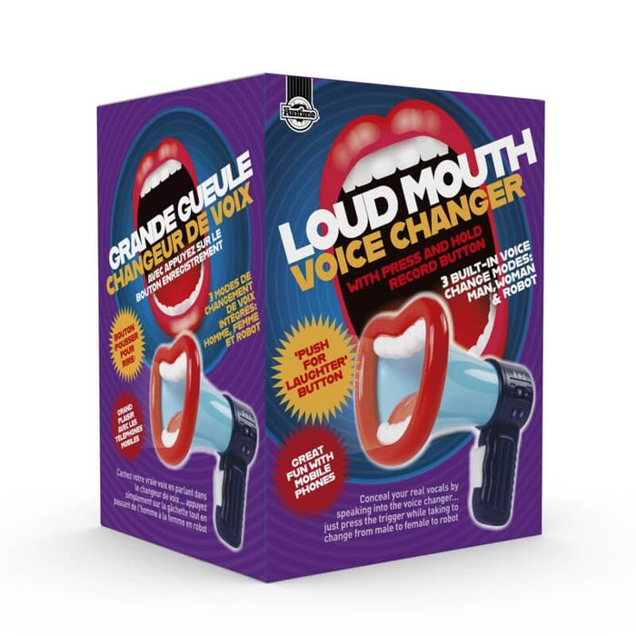 Purple box for Loud Mouth Voice Changer featuring a blue megaphone with a large red mouth-shaped speaker.