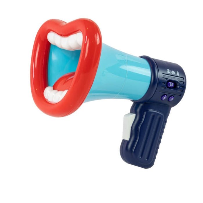 Toy megaphone with wide red lips, white teeth, a light blue body, and a dark blue handle with voice effect buttons.