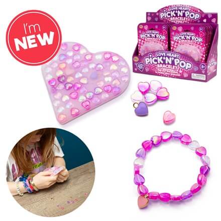 Pink heart-shaped bead tray, finished heart bracelet, and retail packaging for the DIY jewelry kit.