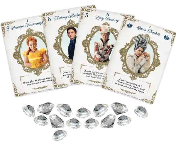 Four character cards with ornate gold frames and portraits above a pile of clear faceted diamond-shaped plastic gems.