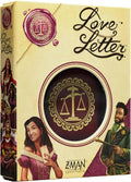 Cream game box featuring elegant script, a pink wax seal, and royal characters. A cutout shows a gold balance scale icon.