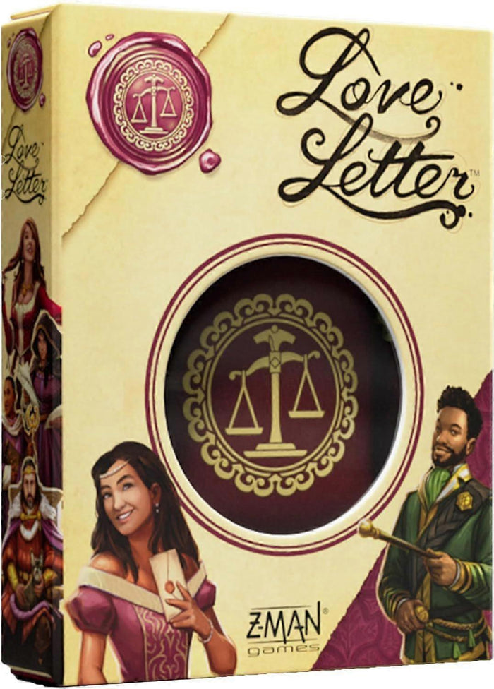 Cream game box featuring elegant script, a pink wax seal, and royal characters. A cutout shows a gold balance scale icon.