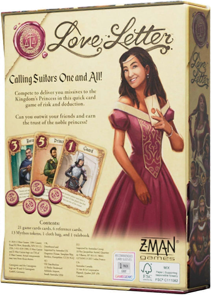 Cream box back for Love Letter game with a woman in a maroon dress, sample cards, red tokens, and Z-Man Games logo.