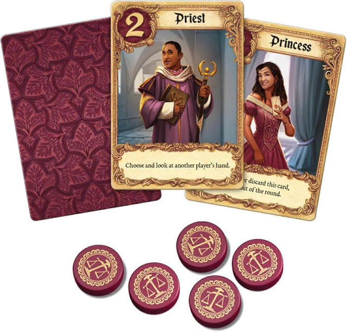 Illustrated character cards and five burgundy tokens with gold scale icons against a white background.