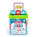 Red and blue blocks with letters in bubbles inside a clear bin with a green lid and a bus picture card.