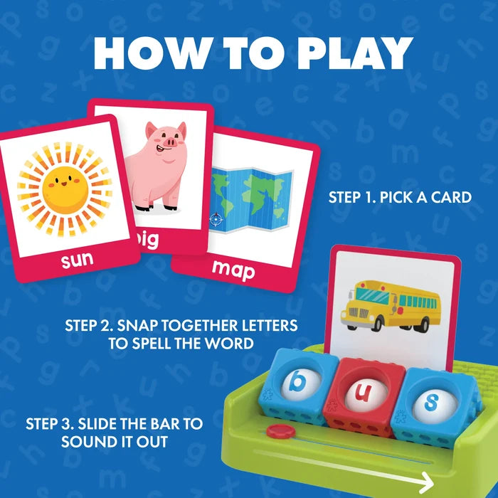 Instructional graphic showing how to spell bus using picture cards and colorful interlocking letter cubes on a green tray.