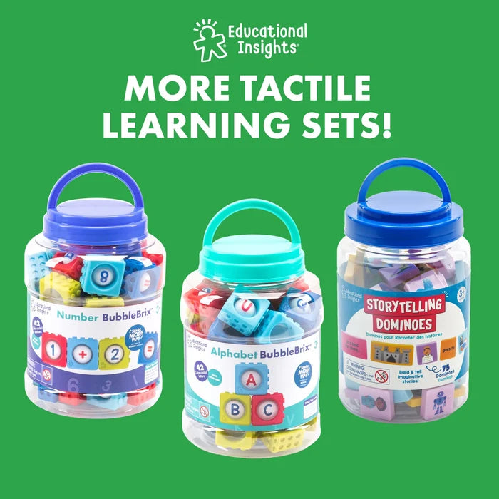 Three jars with blue and teal lids holding colorful, tactile learning blocks and story tiles on a green background.
