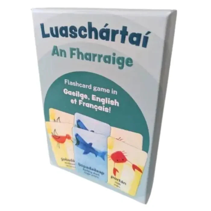 White box for trilingual sea-themed flashcards featuring colorful shark, crab, and bird illustrations.